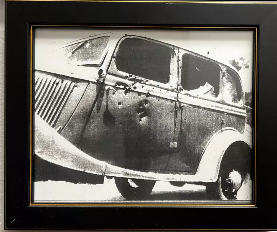 Close-up image of Bonnie and Clyde’s bullet-ridden getaway car after the 1934 ambush near Gibsland, Louisiana.